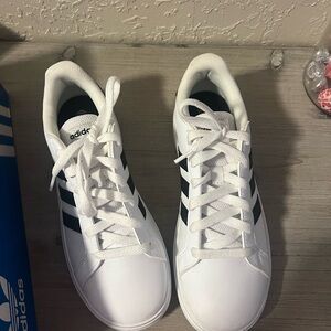 Adidas White Sneakers with Black Stripes